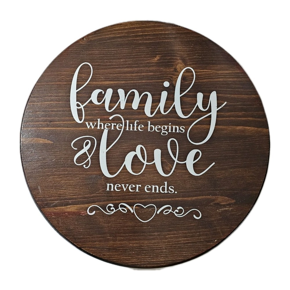 Family Where Lifes Begins & Love Never Ends Wood Round Lazy Susan Turntable 15"